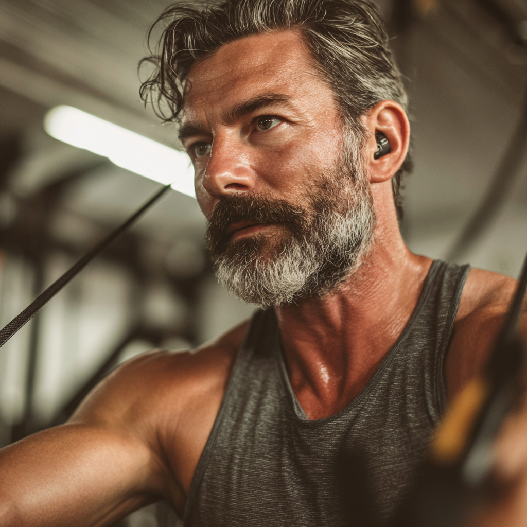 Athletic man in his late 40s with salt-and-pepper beard doing functional fitness exercises with resistance bands in a well-lit gym, demonstrating proper form and focused concentration