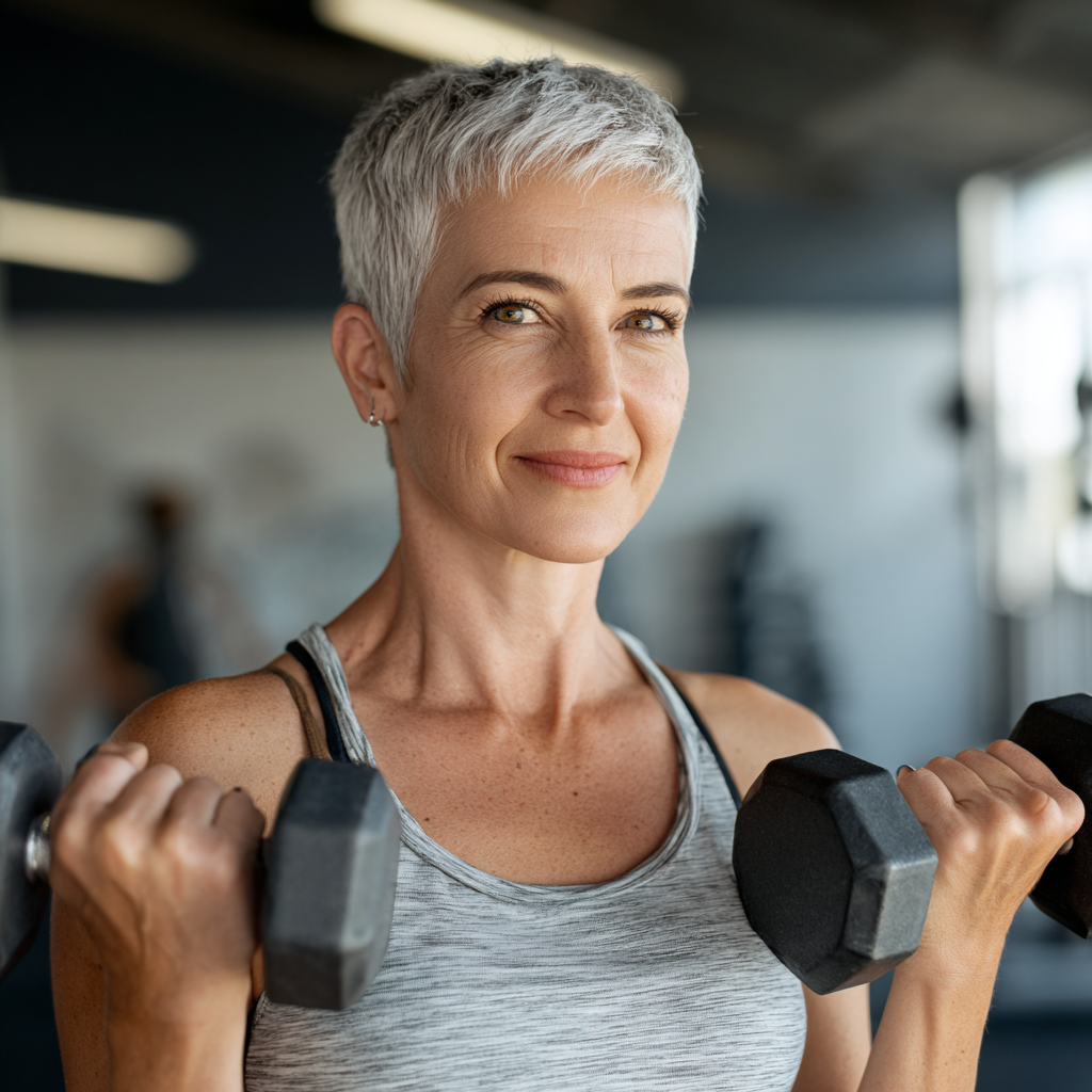 Confident middle-aged woman in her 50s with short grey hair performing strength training with dumbbells in a modern fitness studio, wearing comfortable workout attire and showing determination and focus